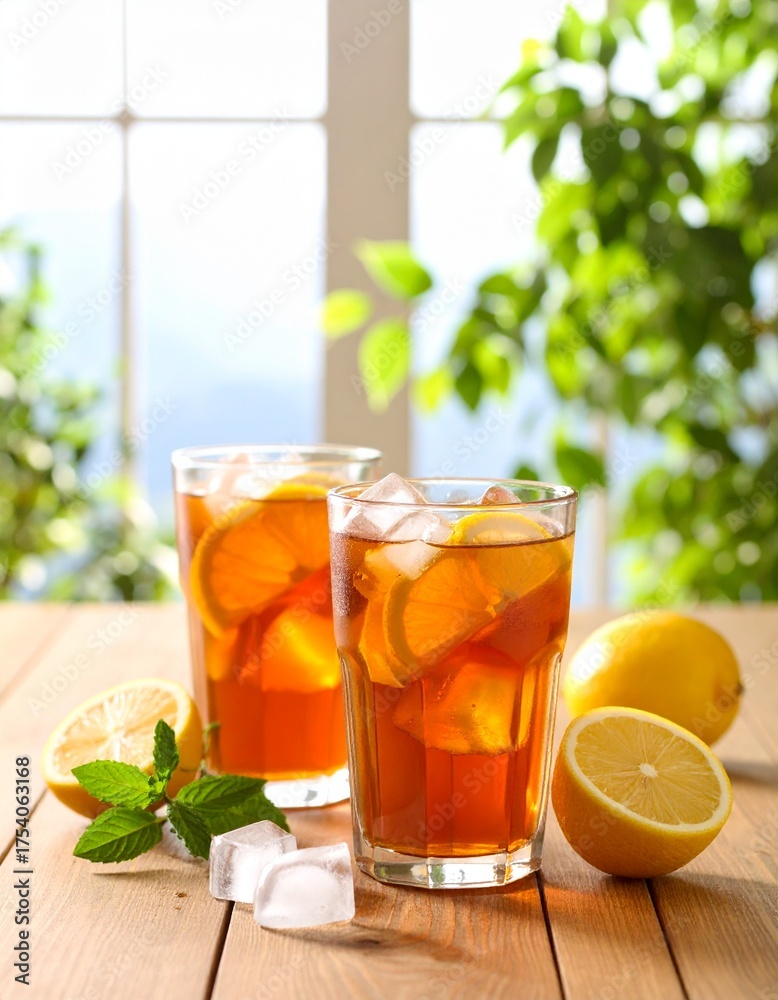 Fototapeta premium Lemon tea with fresh lemon slices, highlighting its health benefits and delicious, tangy flavor. Versatile for food and drink photography, health blogs, or recipe features.