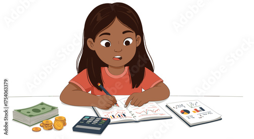 Intrigued Girl Studying Finances with Charts, Calculator, and Cash