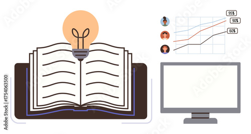 Open book paired with glowing light bulb, chart with line graphs and avatars, and computer monitor. Ideal for innovation, education, data analysis, growth, learning, creativity simple flat metaphor
