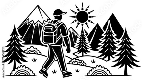 A hiker with a backpack walking through a mountainous landscape under a shining sun illustration on transparent background silhouette
