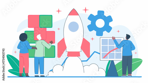 Team launching a rocket with a gear and graph with blocks in the background for startup concept on transparent background silhouette