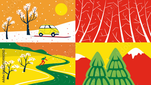 Four seasons collage featuring winter car scene, red forest, skiing, and mountain landscape with trees on transparent background silhouette
