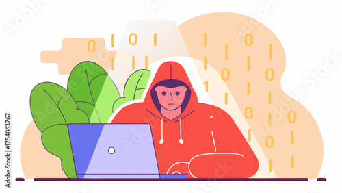 Person in a red hoodie using a laptop with binary code and plants in the background, vector illustration on transparent background silhouette