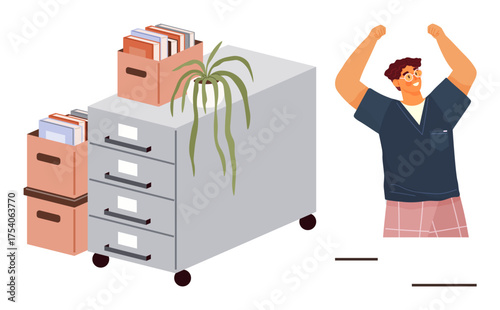 Man raising hands in excitement near a cabinet filled with files, boxes, and a plant. Ideal for organization, productivity, success, work-life balance, positive mindset, achievement simple flat
