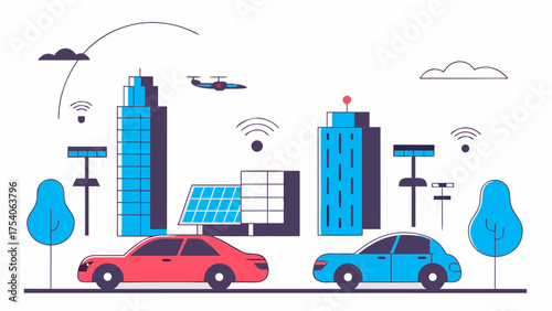 Illustration of a futuristic city with cars, buildings, drone and wifi signals displayed on transparent background silhouette