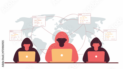 Illustration of three hackers with laptops connecting to a world network map overlaying the globe on transparent background silhouette