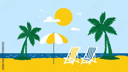 A vibrant illustration of a tropical beach with two palm trees an umbrella and two lounge chairs by the ocean under a sunny sky