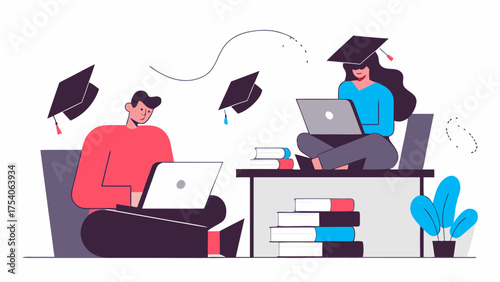 Students studying online with laptops and graduation hats in a bright modern illustration style on transparent background silhouette