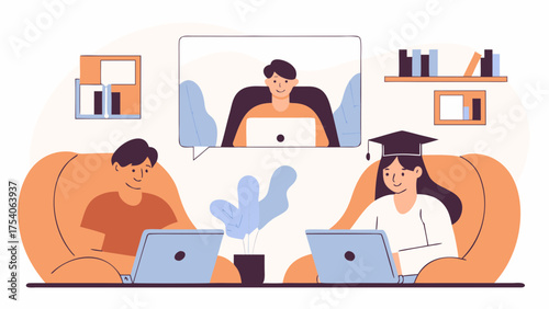 People attending online graduation ceremony and video call with laptop in cozy room with bookshelves on transparent background silhouette