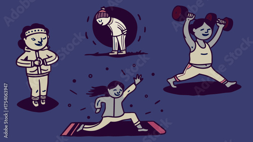 Illustration showing people doing different exercises including yoga and weight lifting outdoors on transparent background silhouette