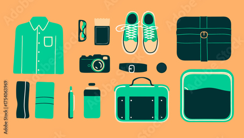 Illustration of a collection of travel items including clothing accessories and luggage on a light background on transparent background silhouette