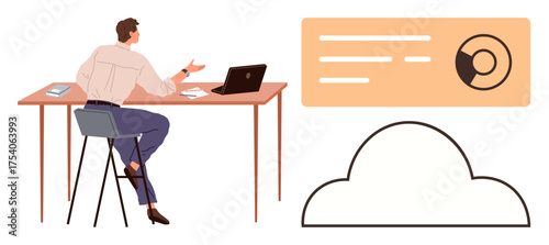 Professional using a laptop at a desk with data visualization and a cloud icon. Ideal for technology, cloud computing, remote work, data analysis, innovation, business strategy, simple flat metaphor