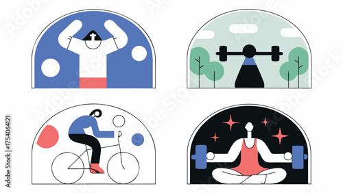 Four illustrations depicting different fitness activities including yoga lifting weights and cycling shown in arches on transparent background silhouette