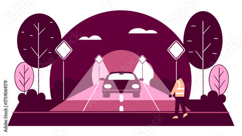 Illustration of a car driving on a road at night with a person walking on the side of the road on transparent background silhouette