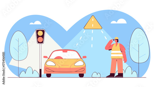 Illustration of a car at a traffic light with a worker looking through binoculars near a warning sign on transparent background silhouette