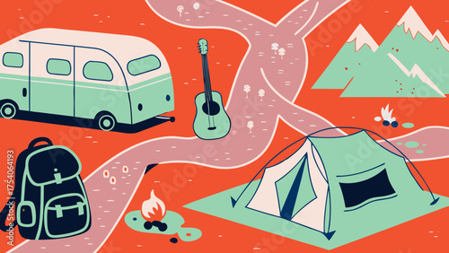Illustration of a camping scene with a trailer, tent, guitar, backpack, mountains, and campfire design on transparent background silhouette