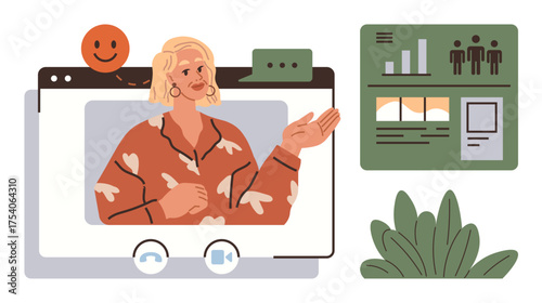 Woman speaking in an online meeting, next to a data dashboard with graphs and analytics. Ideal for remote work, e-learning, webinars, communication, video conferencing, presentations, education