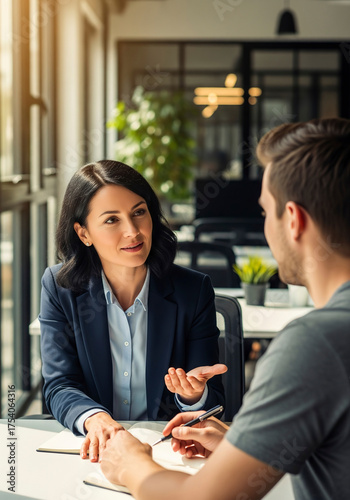 Professional female manager giving feedback to a younger male colleague during a one-on-one mentoring session