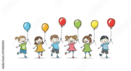 A group of happy children are dancing with colorful balloons.