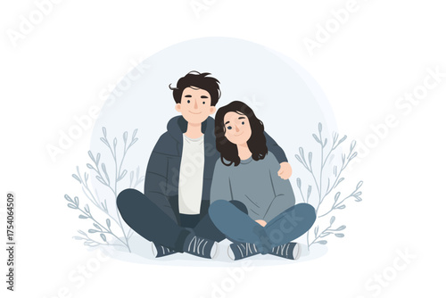 An illustration of a man and woman sitting smiling with the mans arm around her against a light blue background