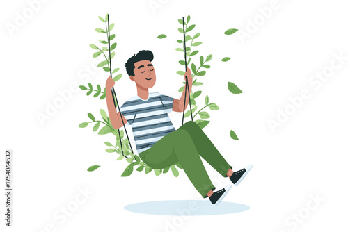 An illustration of a person swinging on a leafy swing with eyes closed set against a white background with falling leaves