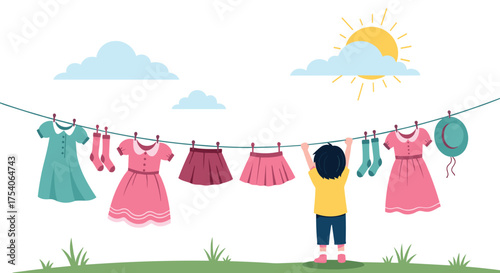 A child hanging clothes on a clothesline on a sunny day.