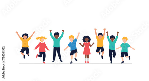 A diverse group of cheerful children jumping with joy outdoors.