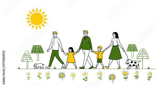 Diverse family of five and two dogs walk on grass with flowers under a bright sun and solar structures