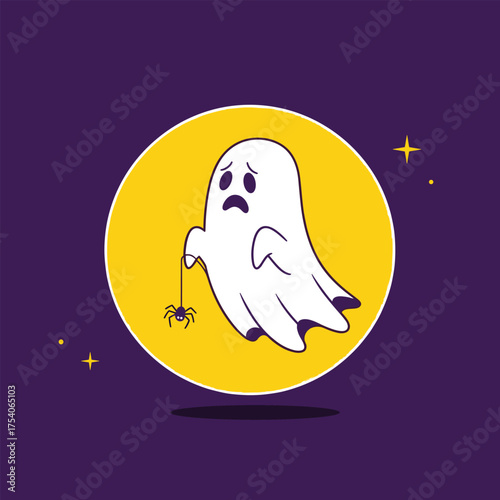 A shy ghost looks at a spider in a full moon.