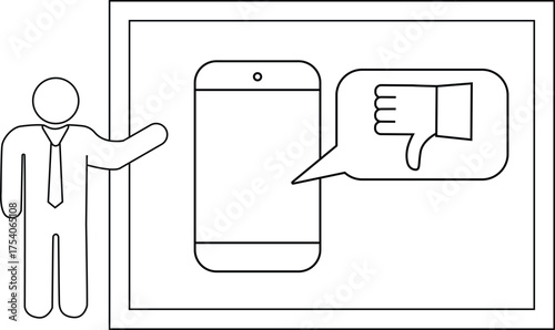 A stick figure presenting a phone with a thumbs down icon in a speech bubble framed