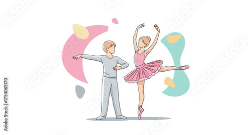 Ballet dancers perform a graceful duet on stage with artistic flair and colorful backgrounds.