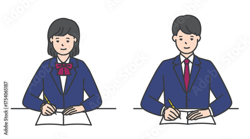勉強をする制服姿の女子学生と男子学生のイラスト素材