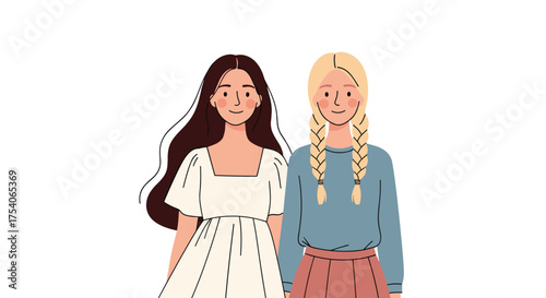 Two young women are standing side by side with different hairstyles and clothing.