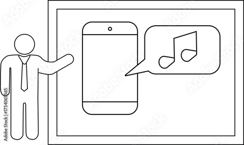 Image shows a stick figure presenting a phone with a musical note speech bubble within a frame