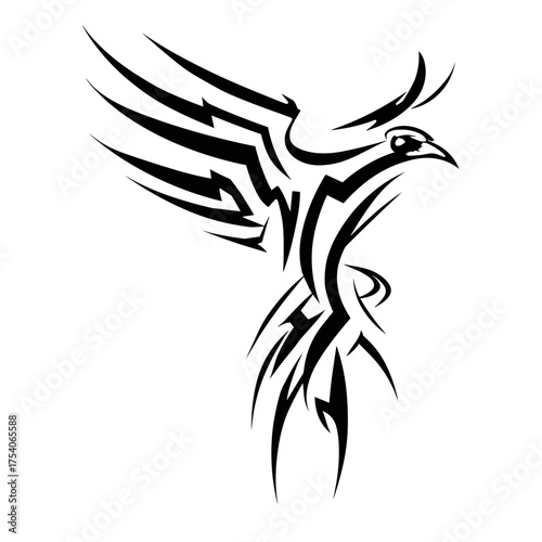Intricate black and white tribal tattoo design featuring a majestic phoenix with bold lines and detailed patterns symbol