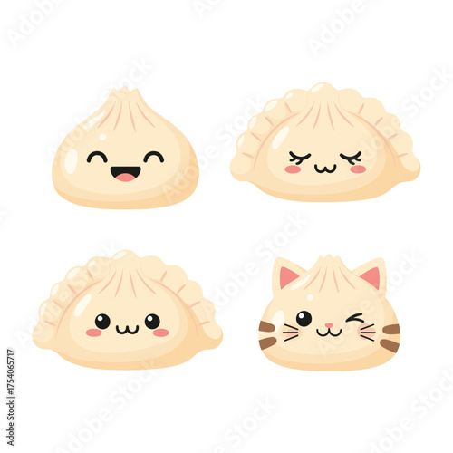Adorable kawaii dumplings with cute faces and expressions.