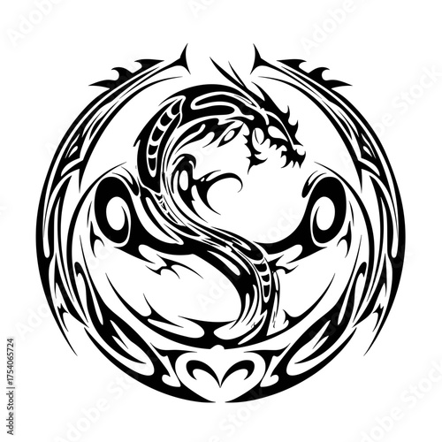 A detailed tribal dragon tattoo design showcasing intricate vector illustration patterns with bold black ink and symboli