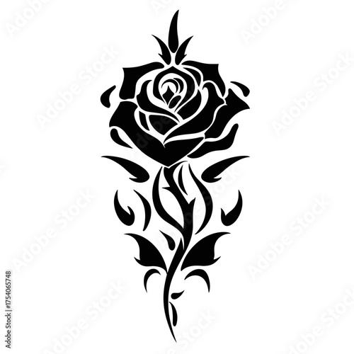 Abstract black rose tribal tattoo design with intricate petals, bold geometric patterns, and symmetrical line art,