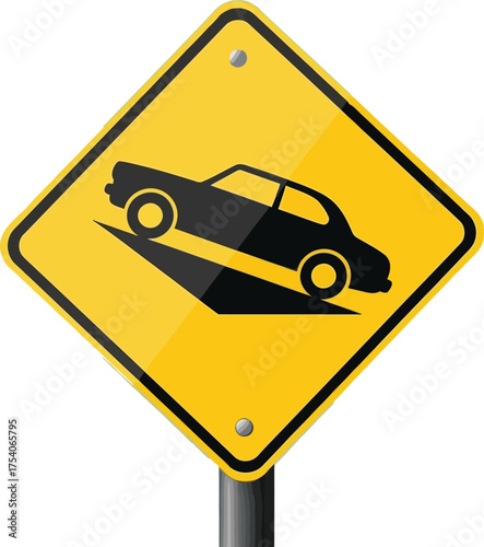 Steep hill descent traffic sign isolated on white background, warning drivers to exercise caution due to the incline of the road ahead