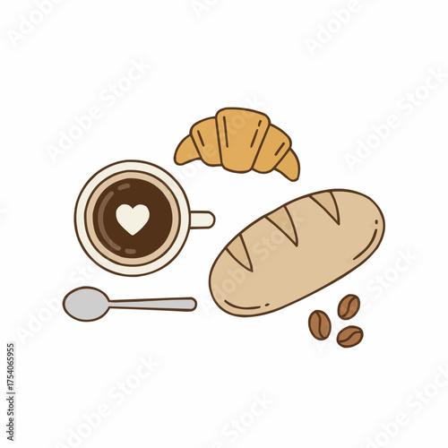 Delicious Breakfast Elements Coffee Croissant Bread and Beans Flat Lay