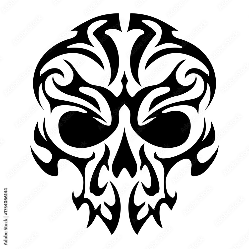 Fototapeta premium A stylized skull design blends intricate tribal patterns with minimalism in black and white,