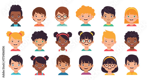 A diverse collection of happy cheerful children's faces showing various expressions and hairstyles.