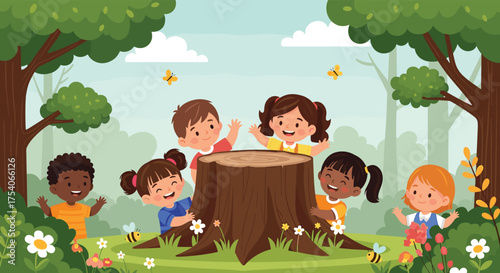 Happy children playing in a sunny forest surrounded by trees and flowers.
