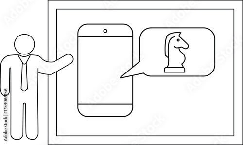 Stick figure presenting smartphone with chess piece icon on display within rectangular frame