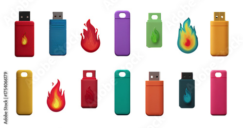  colorful set of flash drives or otg (on-the-go) devices isolated on a transparent background