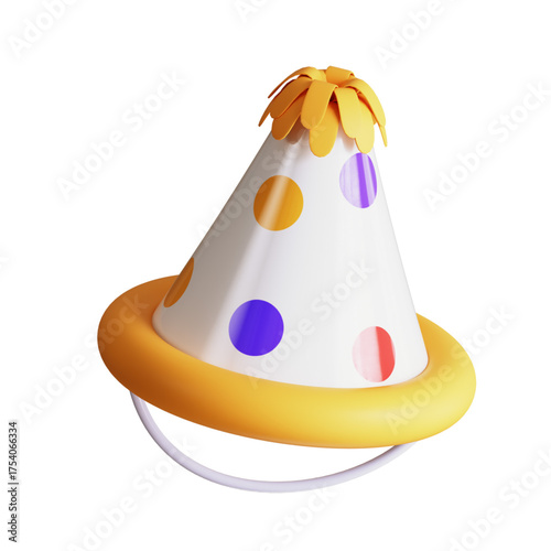 Playful 3D birthday hat featuring bright multi-colored polka dots and a cheerful yellow ruffled trim, ideal for joyful gatherings and special events