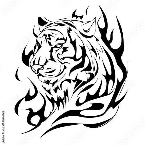 A majestic lion's head with intricate line art and tribal elements, featuring bold curved and sharp lines,