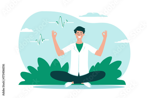 Happy man in white lab coat meditating in a crosslegged pose outdoors with green bushes and floating heartbeat lines