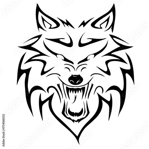 A striking line artist tattoo design showcasing a howling wolf with intricate tribal patterns and symmetrical detailing,