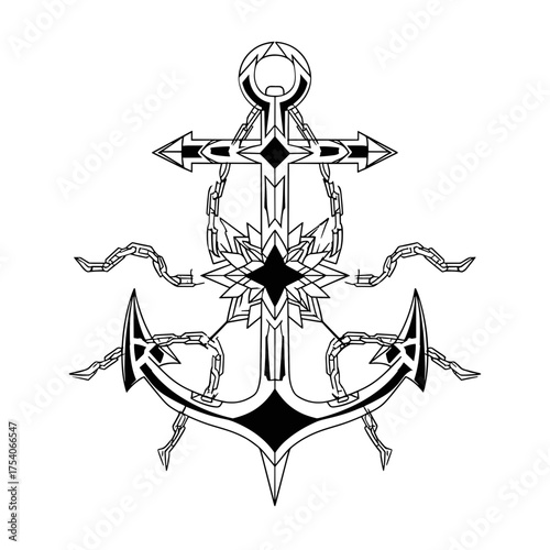 Black and white line art anchor design with geometric tribal patterns, featuring symmetrical shapes, chains,